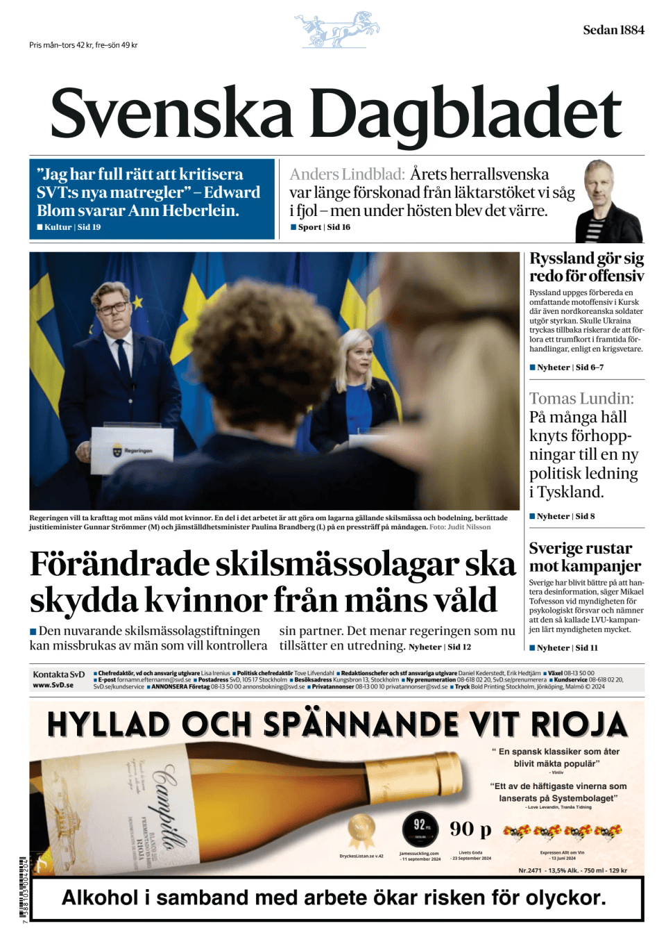 Prima-pagina-Svenska Dagbladet-edizione-di-oggi-20241112